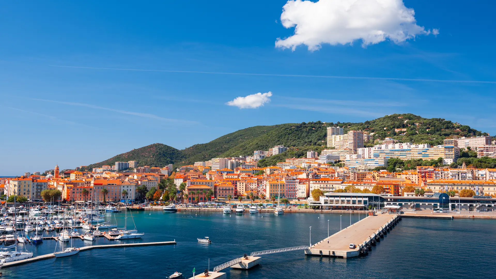 Ajaccio, Corsica, France coastal skyline at the port.