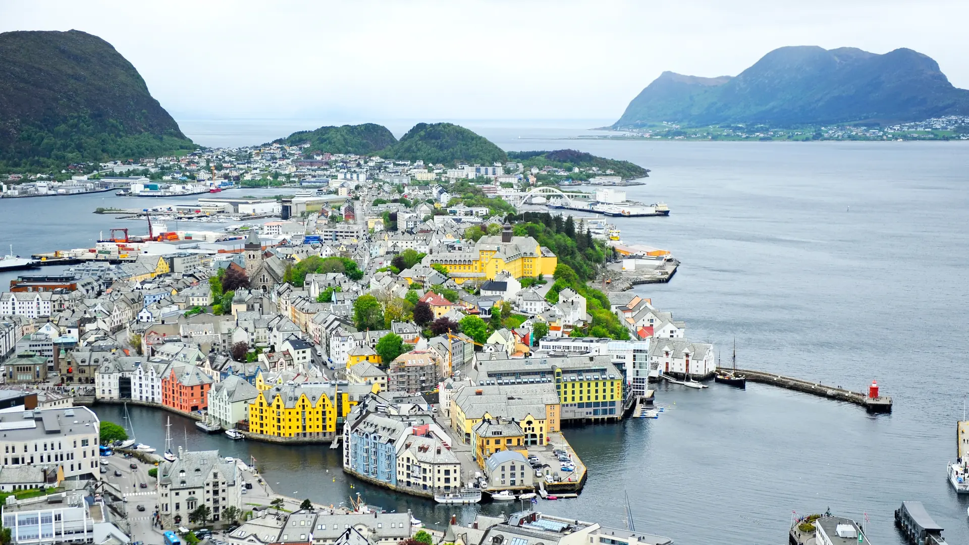 Panorama of Ålesund city, entrance to the Geiranger fjord on the coast of Norway from the Aksla mountain. Ålesund is famous for its Art Nouveau style architecture.
