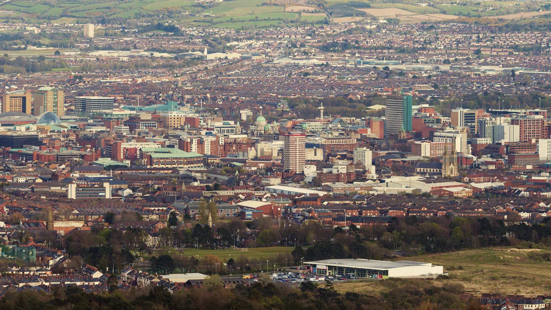 Aerial panorama of Belfast. Belfast, Northern Ireland, United Kingdom.