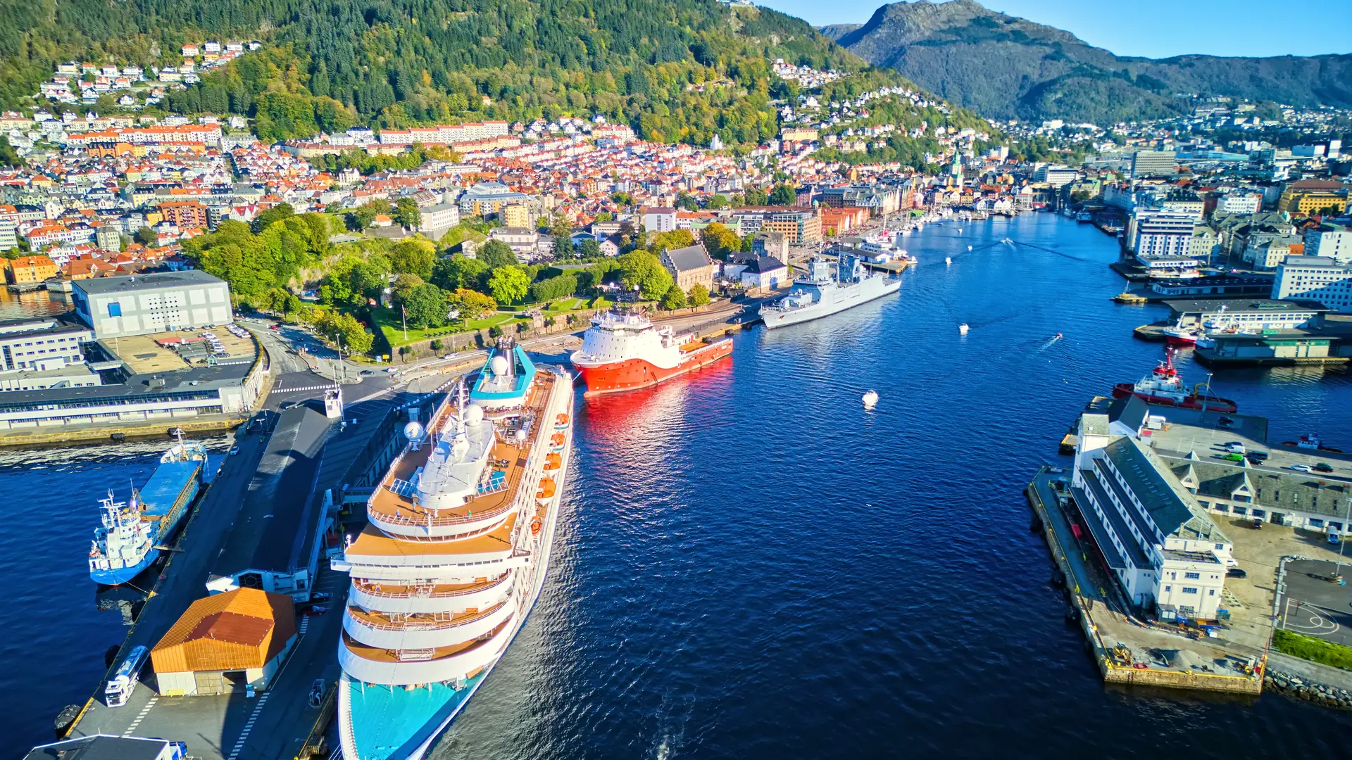 Aerial view of Bergen harbor and cruise ship at wharf, Norway
