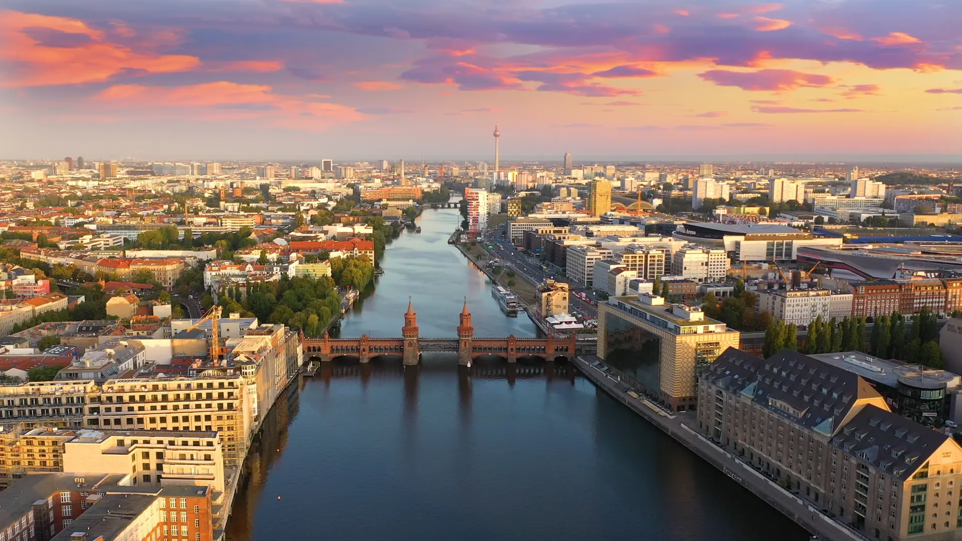 Berlin brandenburg skyline aerial view birds view, belrin river bridge view from above, belrin germany.