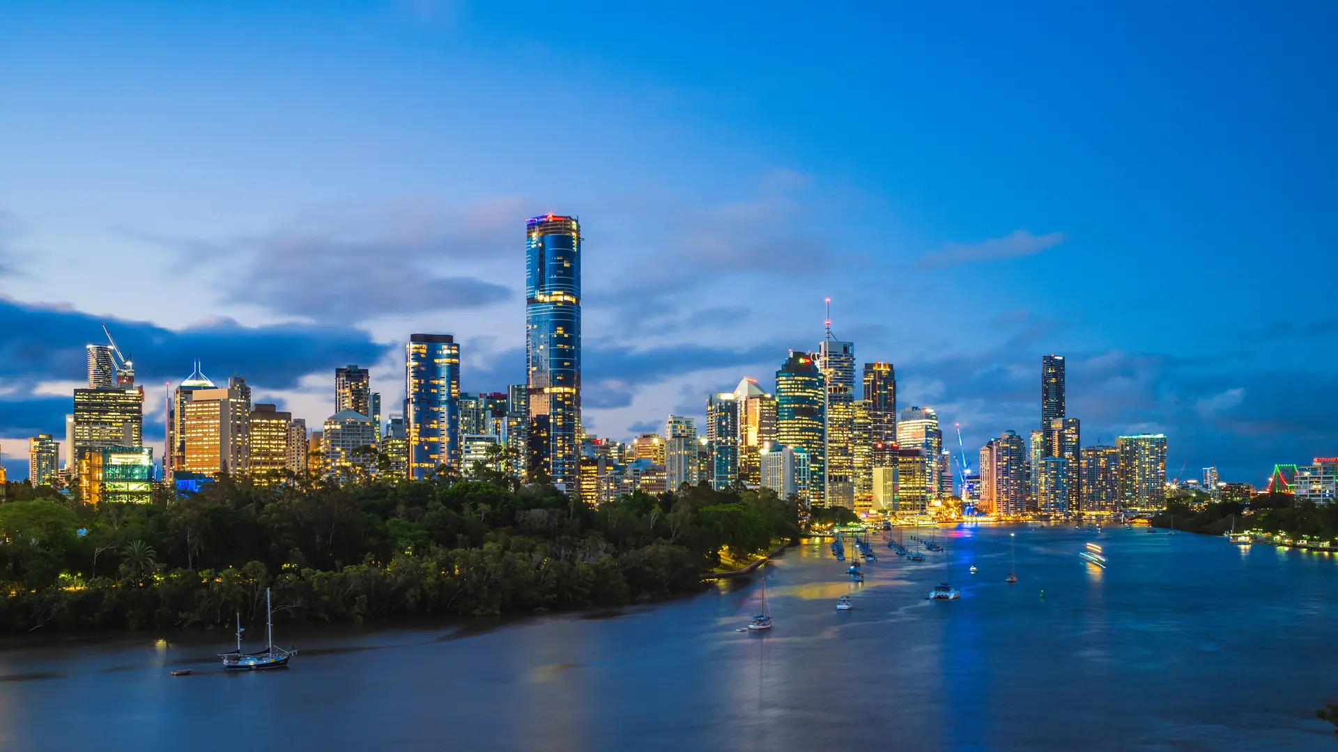 Brisbane skyline by brisbane river at night, capital of Queensland, Australia