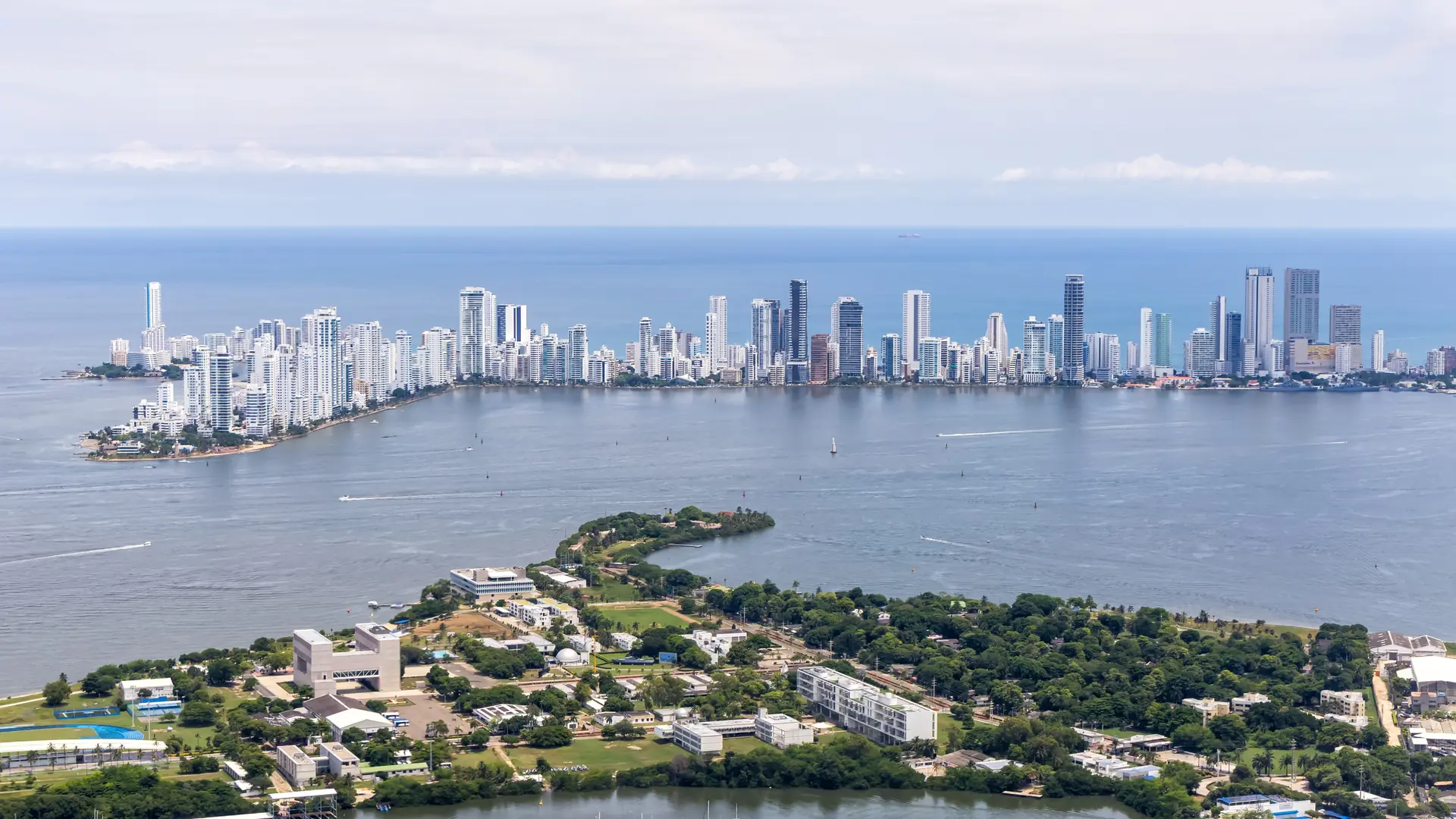 Cartagena skyline with skyscrapers at the Caribbean Sea aerial view photography from above in Cartagena, Colombia