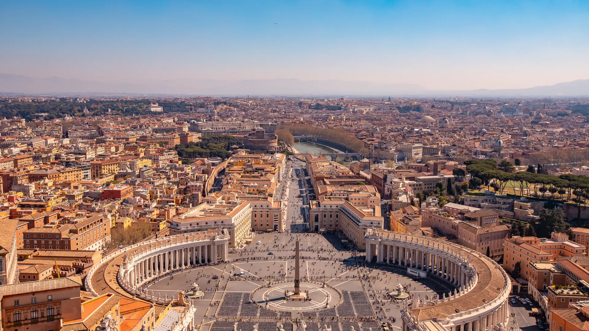 Panoramic view of old aerial city Rome from Saint Peters Square in Vatican.