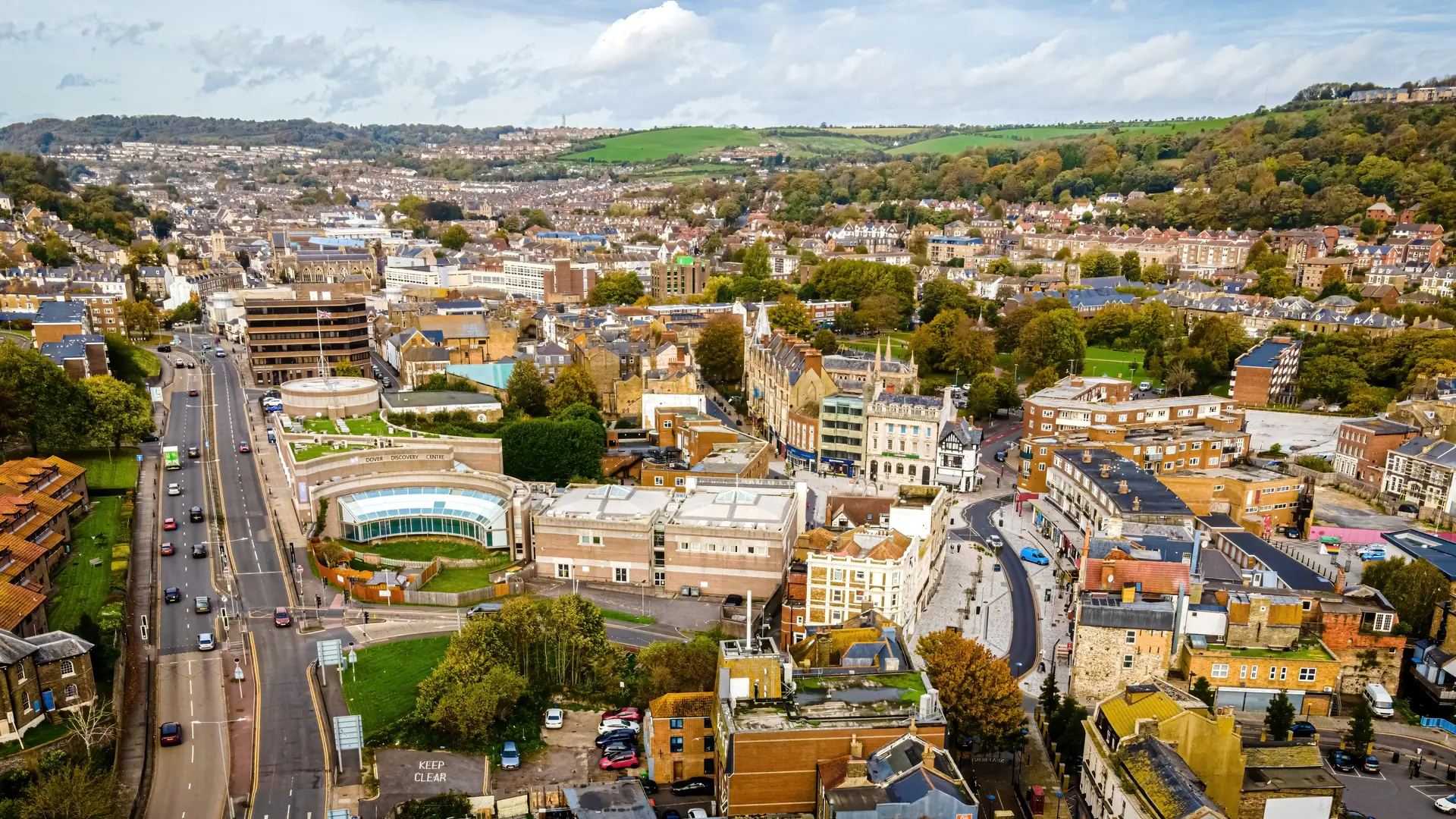 Aerial view of Dover embankment in Dover, a coastal town in Englandâ€™s southeastern county of Kent, UK