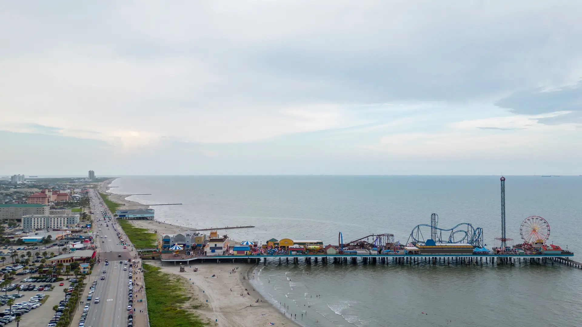 Aerial drone photo Galveston Island Historic Pleasure Pier Texas USA circa 2023