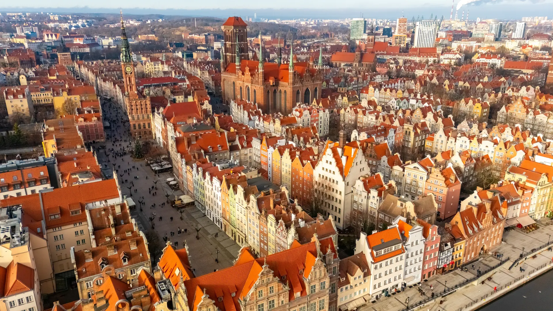 aerial view of gdansk historical center on a sunny day in winter