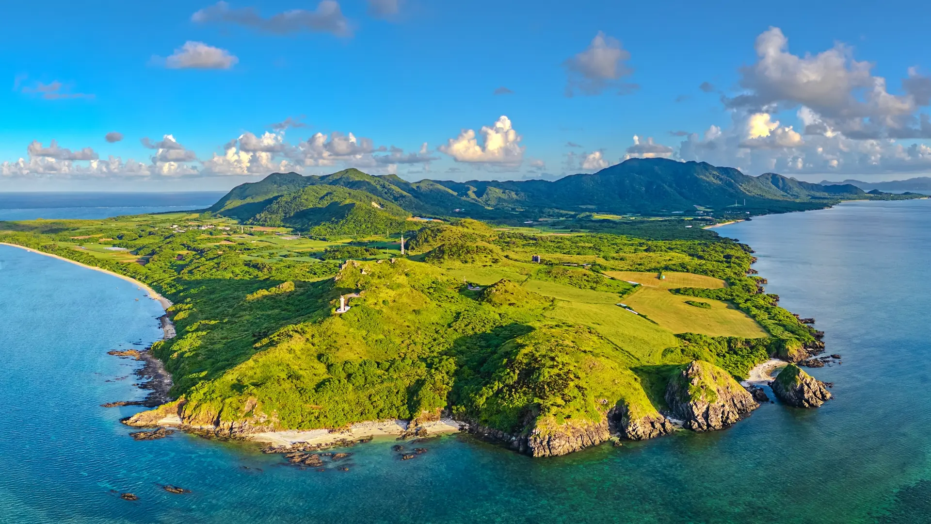 Ishigaki Island, Okinawa, Japan ove the coast with Hirakubozaki Lighthouse.