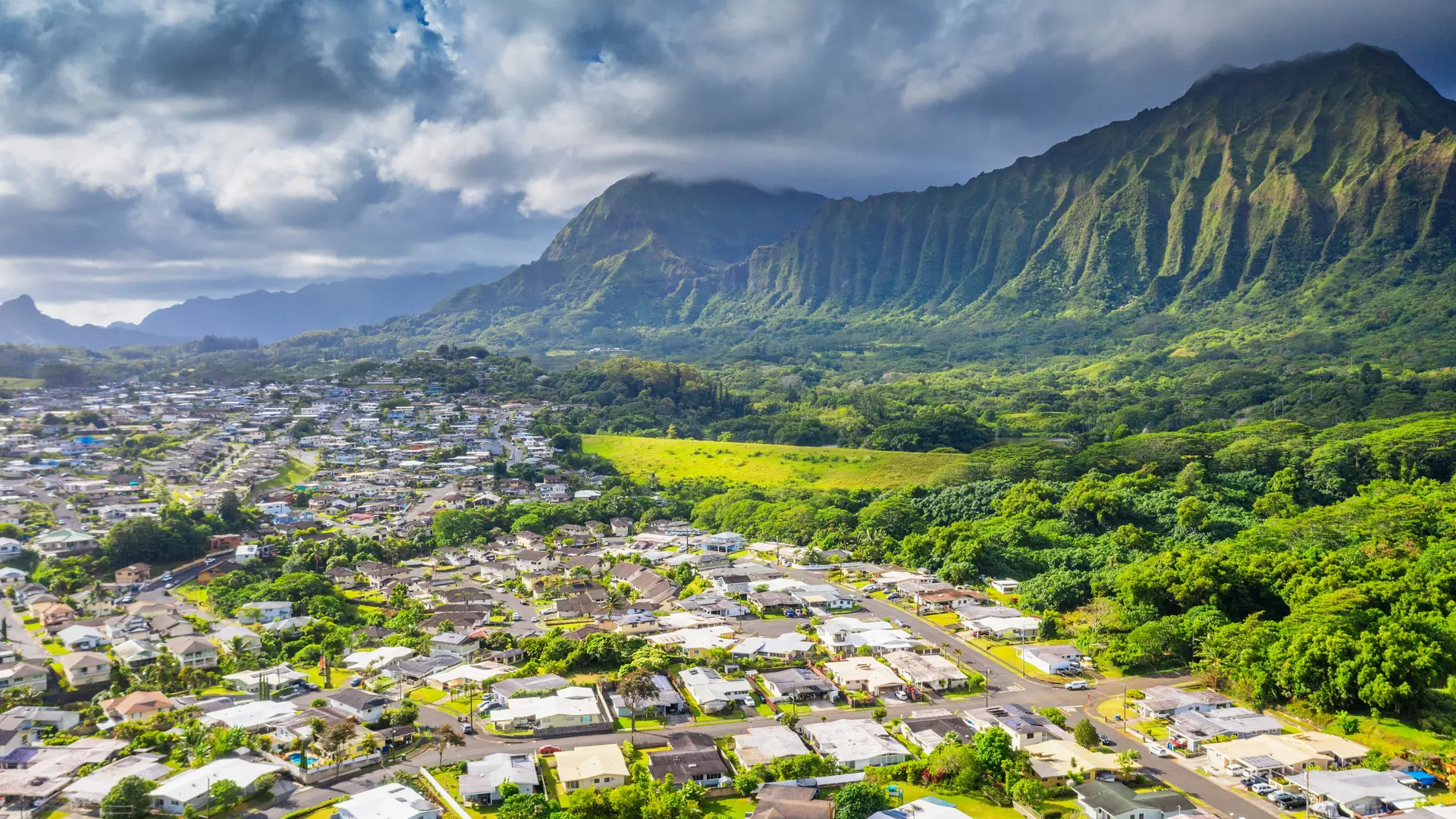 Aerial view by drone of kailua town, oahu island, hawaii, united states of america, north america