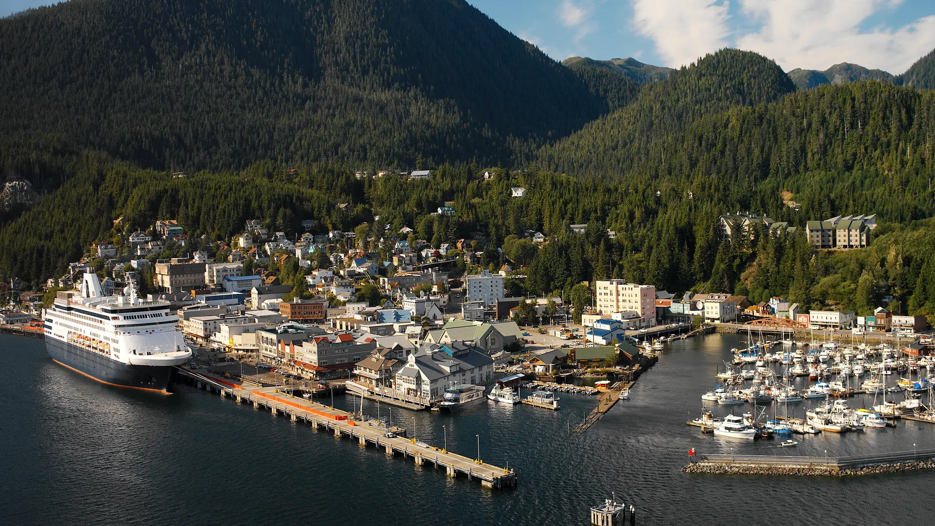 Aerial view of the Port of Ketchikan in Alaska, USA.