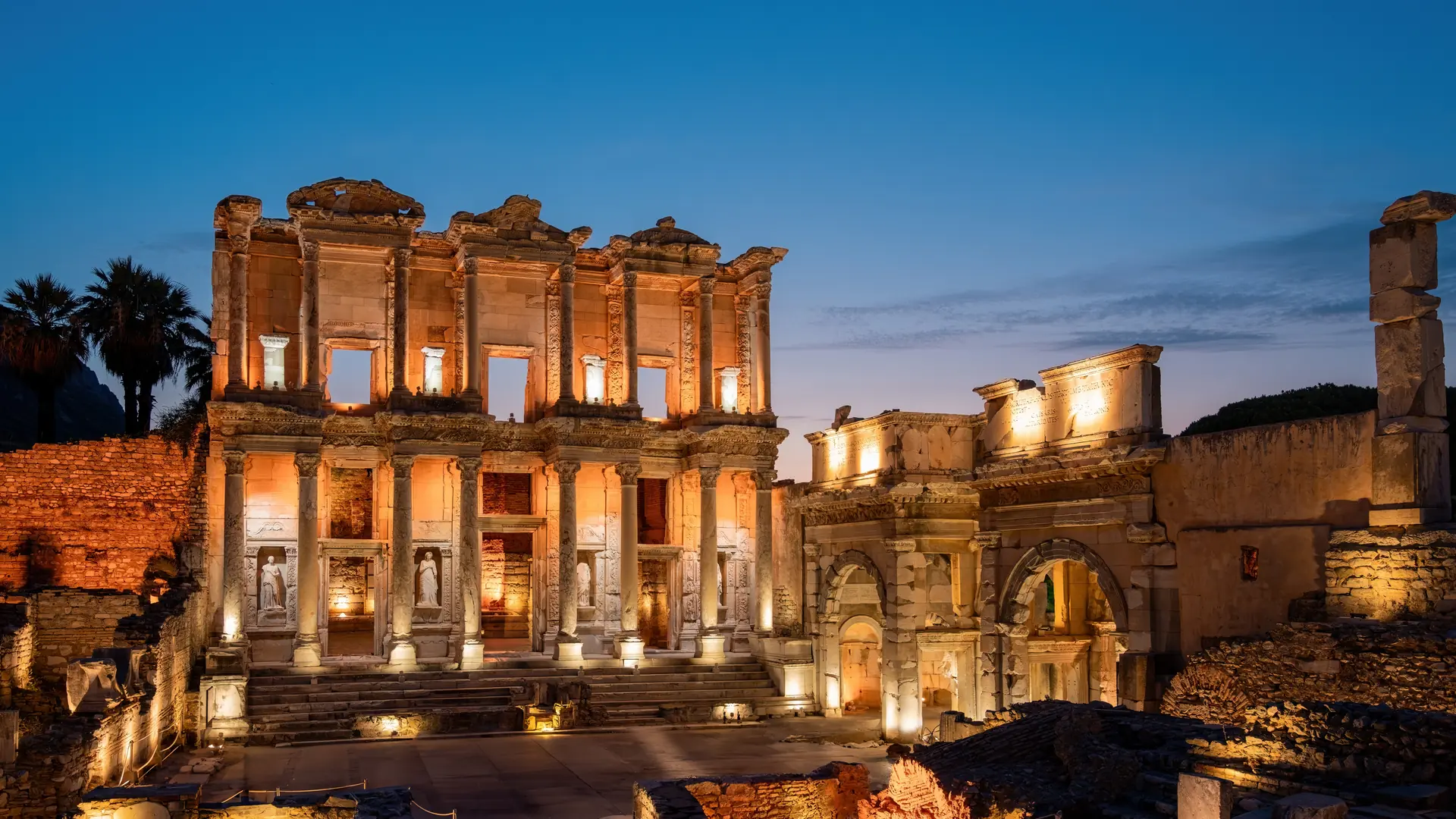 Celsus library in the Ancient City of Ephesus with its magnificent view in night museums
