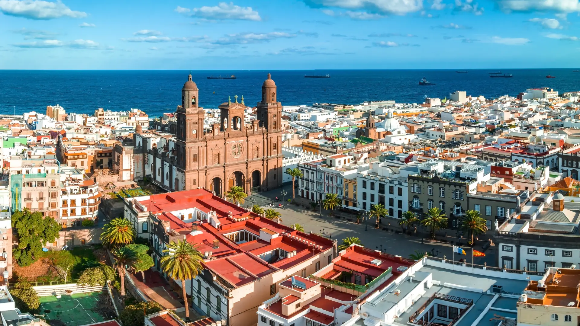 Landscape with Cathedral Santa Ana Vegueta in Las Palmas, Gran Canaria, Canary Islands, Spain. Aerial sunset view of the Las Palmas city.