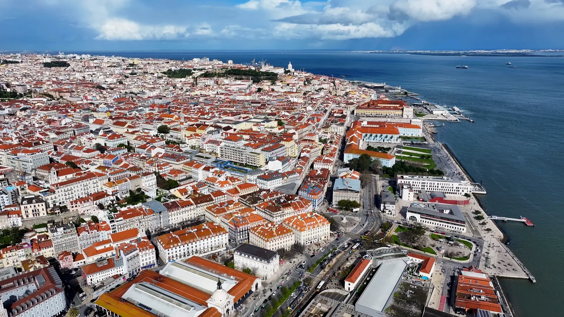 Lisbon Skyline At Lisbon In District Of Lisbon Portugal. Coastline Scenery. Beautiful Cityscape. Lisbon Skyline At Portugal. Historical City Landscape. Tourism Landmark.