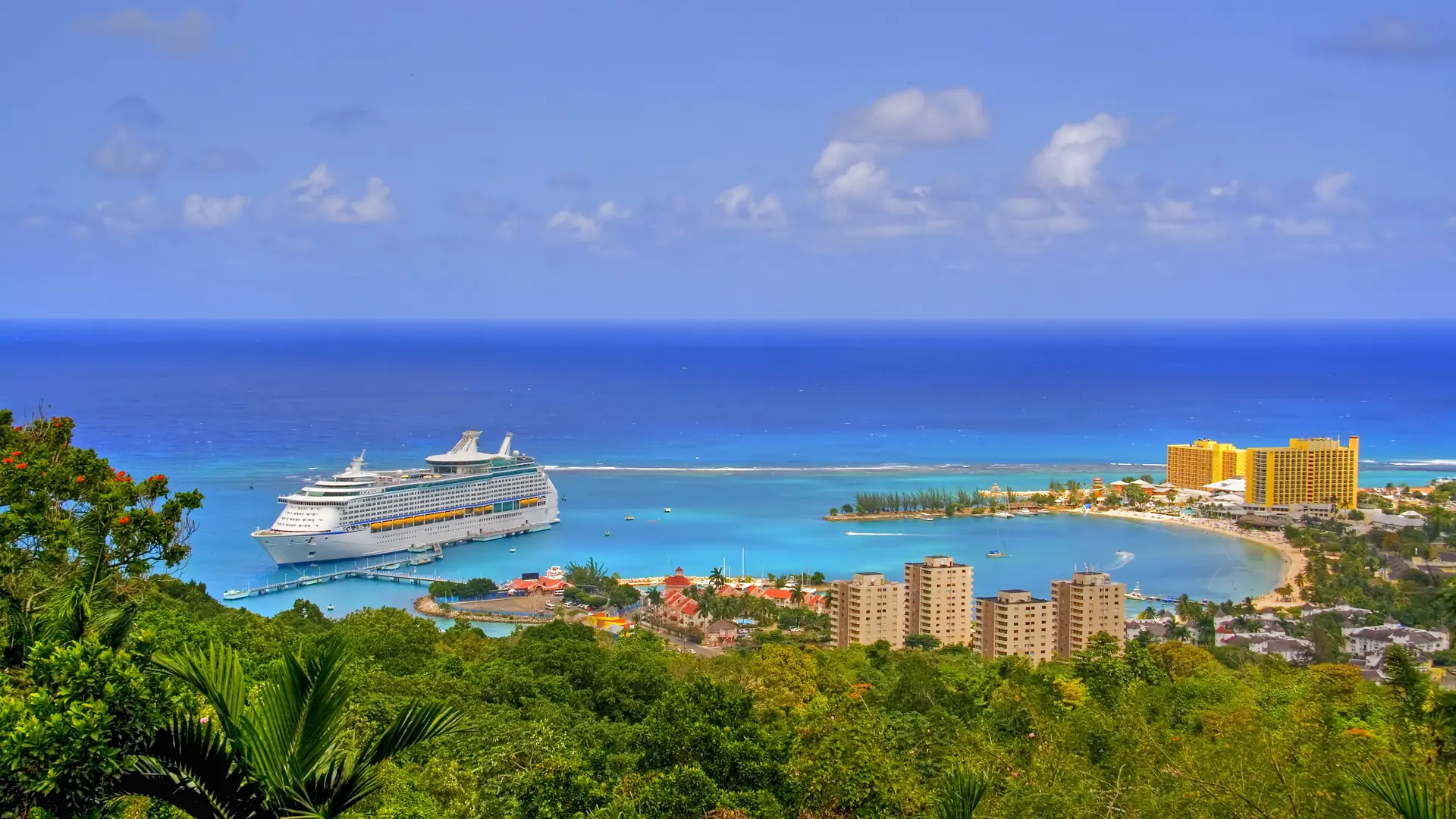 View over Ocho Rios port town, Jamaica, with anchored cruise liner