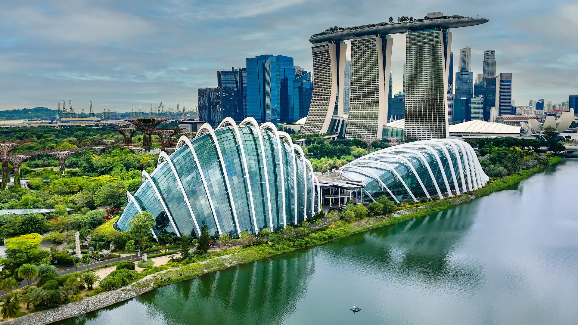 Aerial view of the parks, gardens and modern buildings at the Marina Bay area of the city of Singapore