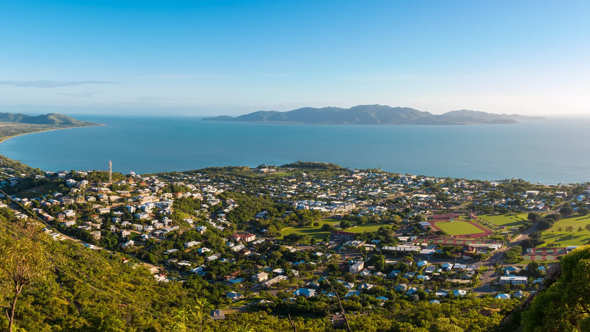 Panoramic view over Townsville, Queensland, Australia Sunrise at 6pm on castle hill