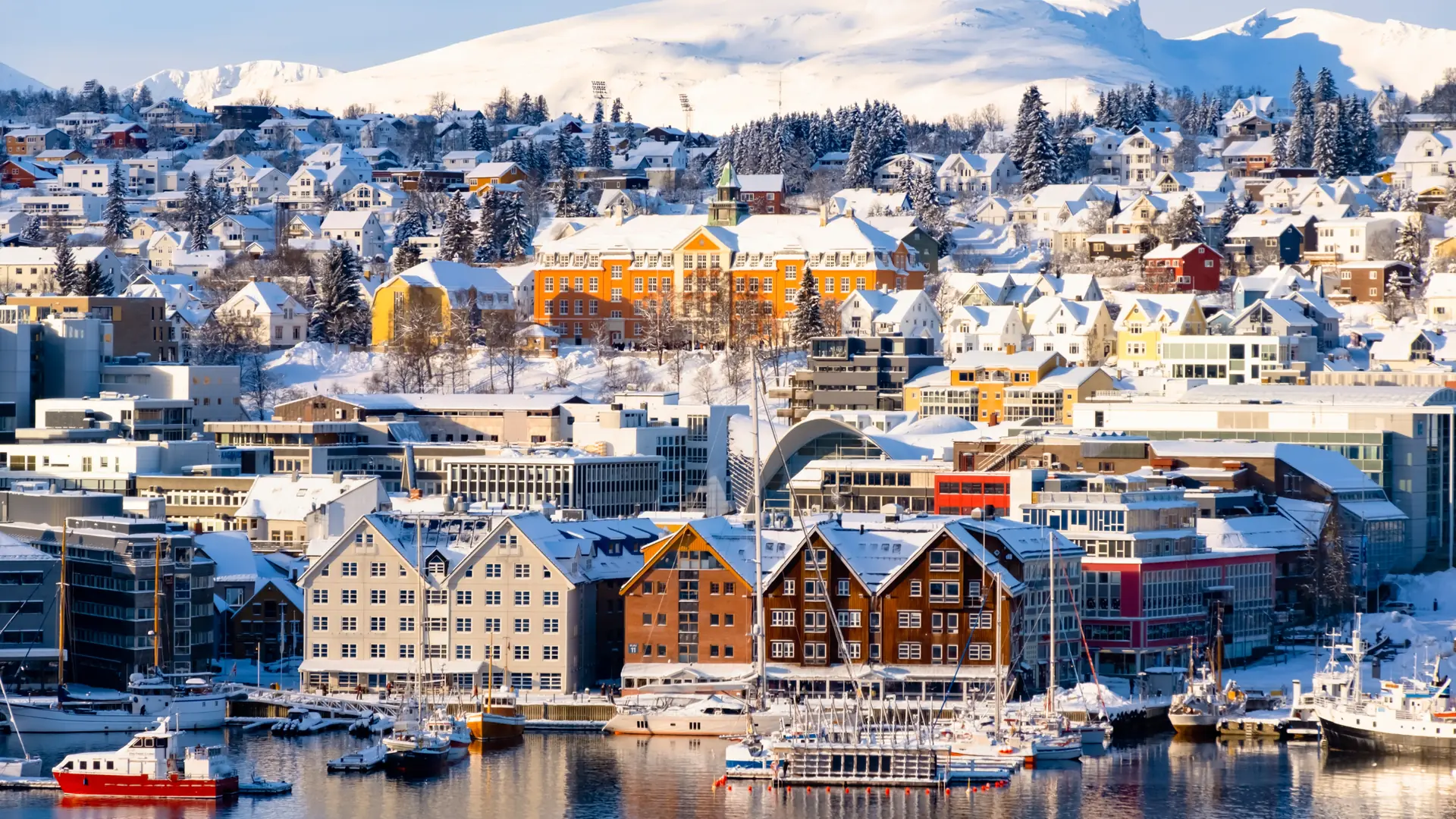 Tromso harbor with houses, fjord, cruise ships and downtown on sunny winter day Norway travel