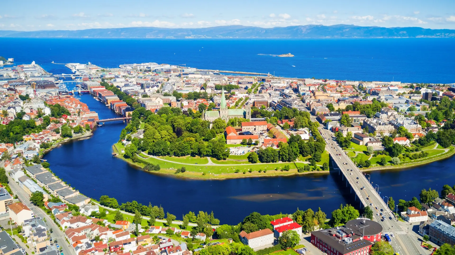 Trondheim city aerial panoramic view. Trondheim is the third most populous municipality in Norway.